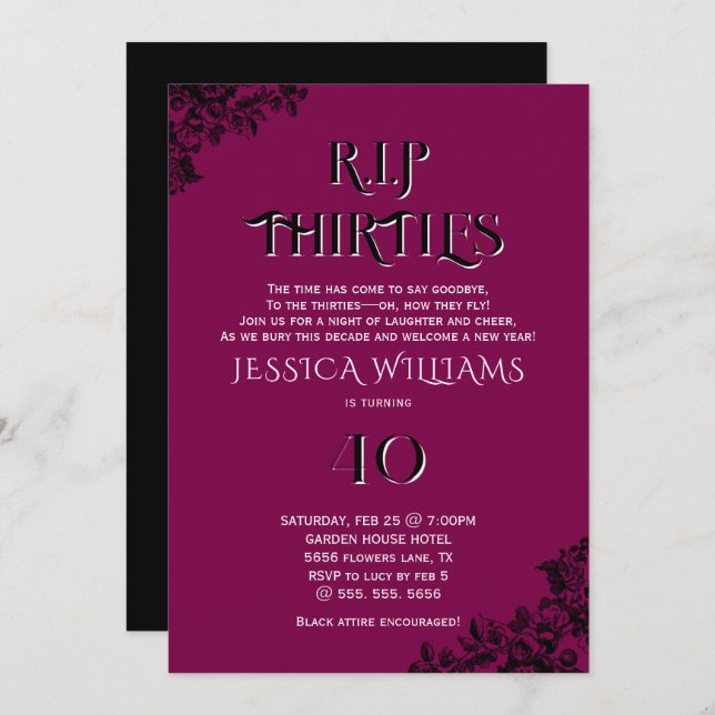 R.I.P. Thirties, Gothic 40th Birthday  Invitation (Front/Back)