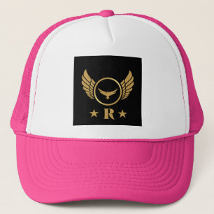 R Initial White and Hot Pink Gold Eagle image-Cap Trucker Hat