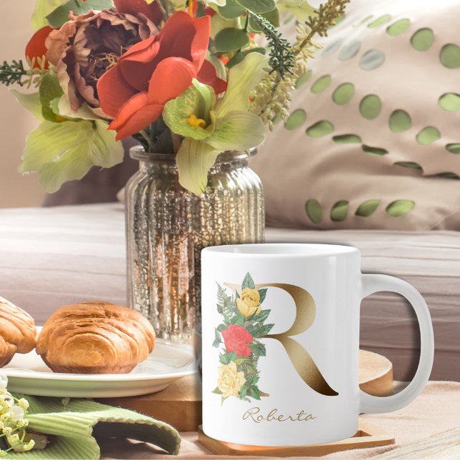 R Letter Gold Monogram Yellow Red Roses Floral Giant Coffee Mug (Creator Uploaded)