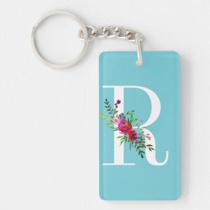 R Letter Initial Monogram Floral Custom Color Keychain