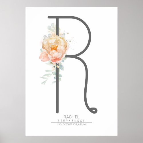 R Letter Monogram Blush Peach Floral Home Decor