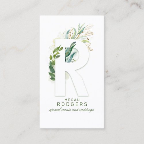 R Letter Monogram Gold Greenery Leaves Elegant Business Card