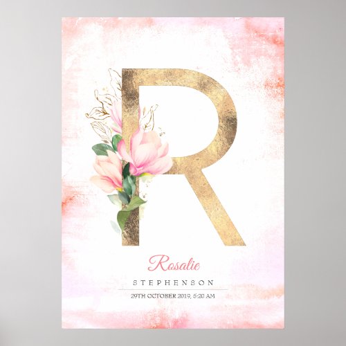 R Letter Monogram Gold Leaves Pink Magnolia Floral Poster