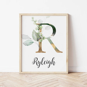 R Letter Monogram Greenery Nursery Name Wall Print
