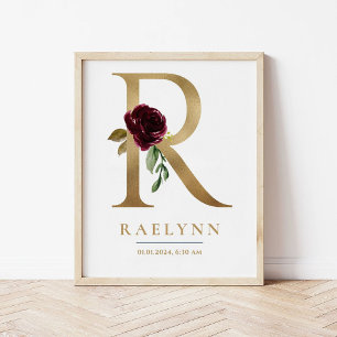 R Letter Monogram Name Marsala Floral Nursery Poster