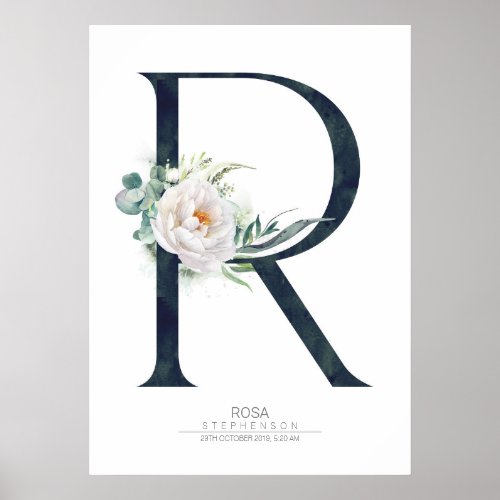 R Letter Monogram White Flowers and Greenery Poster
