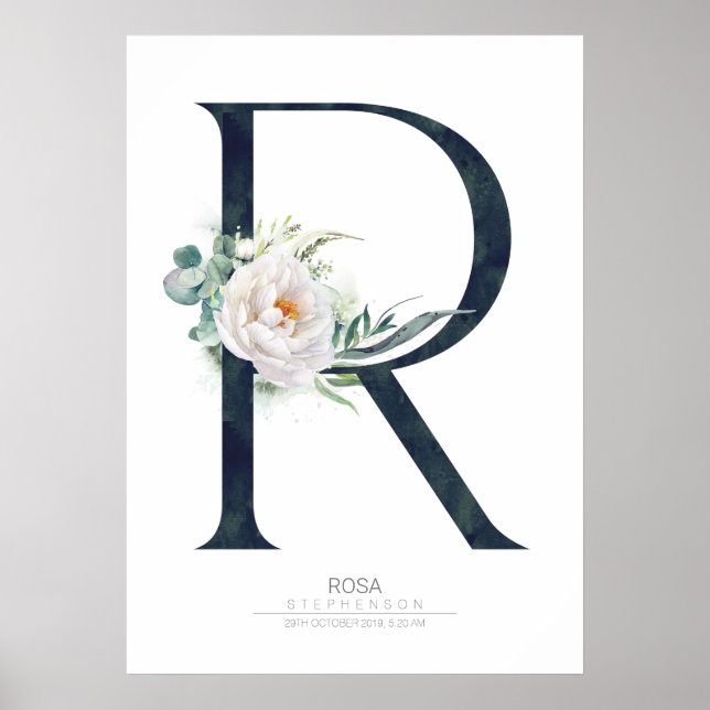 R Letter Monogram White Flowers and Greenery Poster (Front)