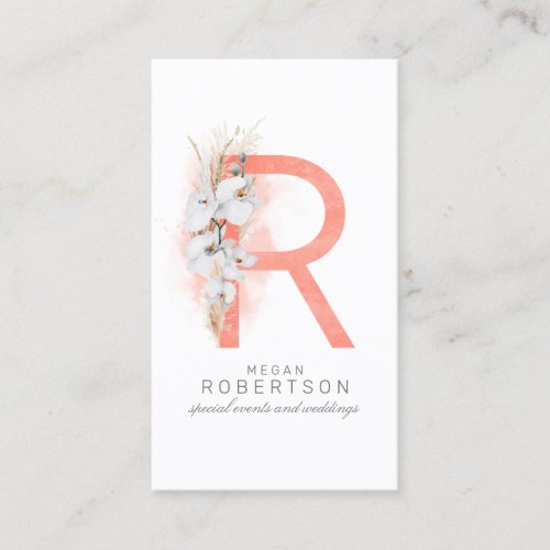 R Letter Monogram White Orchids and Pampas Grass Business Card