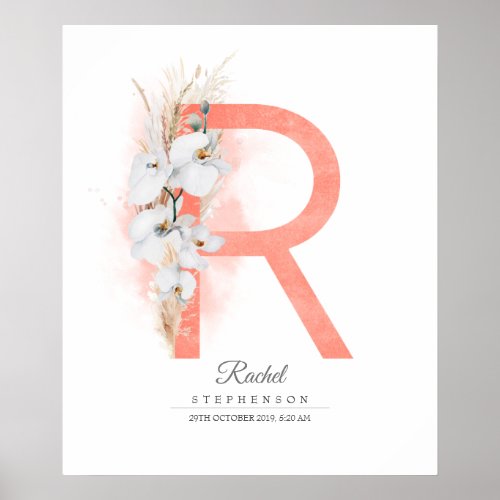 R Letter Monogram White Orchids and Pampas Grass Poster