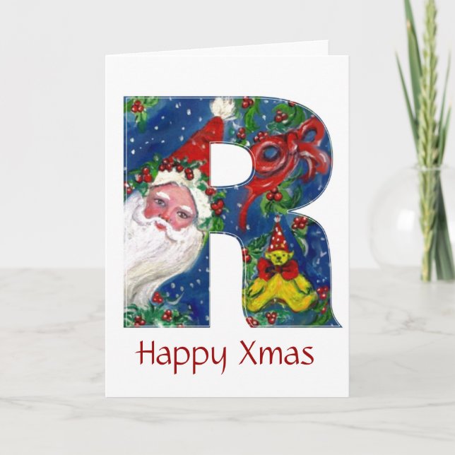 R LETTER / SANTA CLAUS WITH RED RIBBON MONOGRAM HOLIDAY CARD (Front)