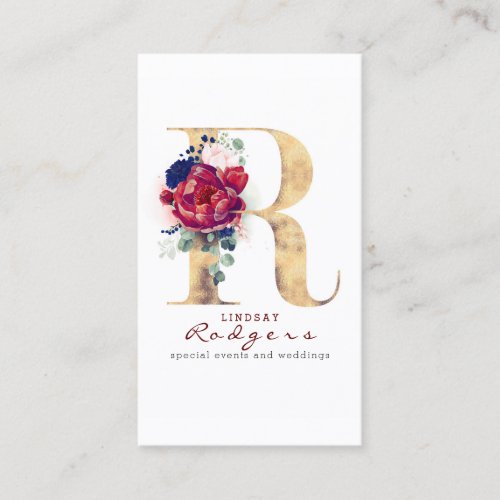 R Monogram Burgundy Gold and Navy Blue Floral Business Card