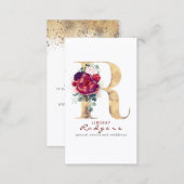 R Monogram Burgundy Red Flowers and Gold Glitter Business Card (Front/Back)