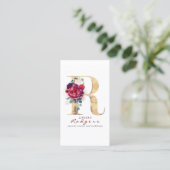 R Monogram Burgundy Red Flowers and Gold Glitter Business Card (Standing Front)