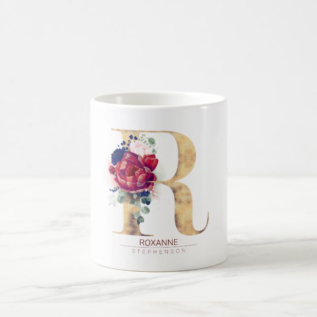 R Monogram Floral Burgundy Red and Navy Blue Coffee Mug (Center)