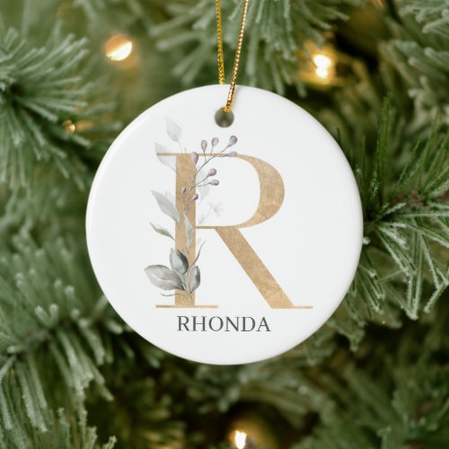 R Monogram Floral Personalized Ceramic Ornament