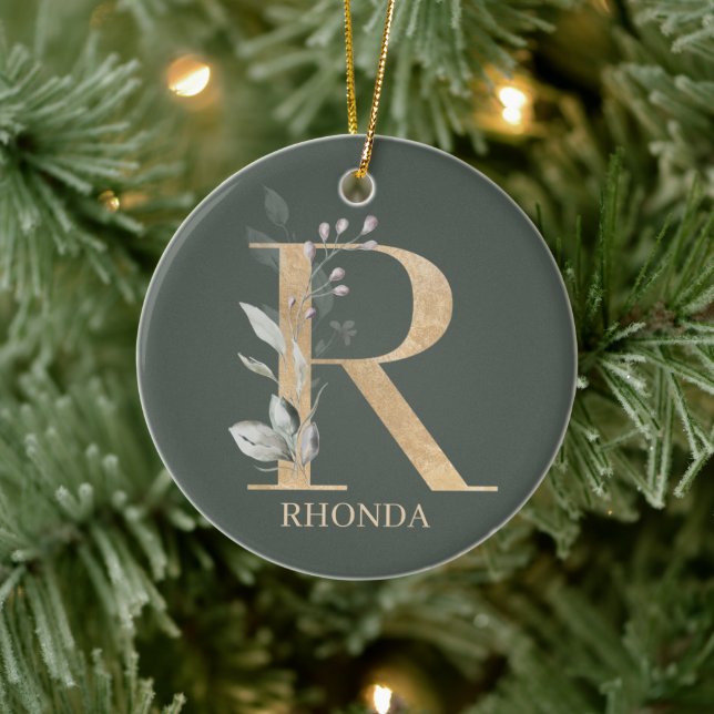 R Monogram Floral Personalized Ceramic Ornament (Tree)