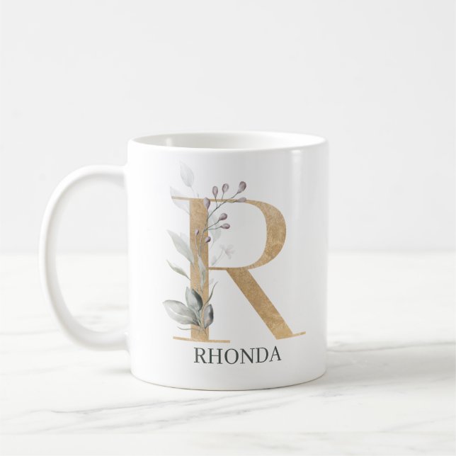 R Monogram Floral Personalized Coffee Mug (Left)