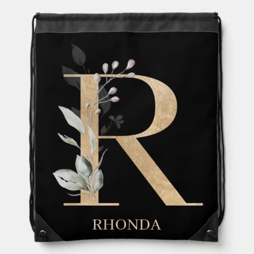 R Monogram Floral Personalized Drawstring Bag