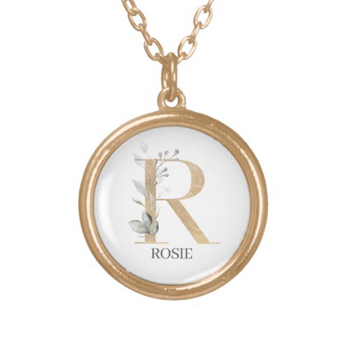 R Monogram Floral Personalized Gold Plated Necklace
