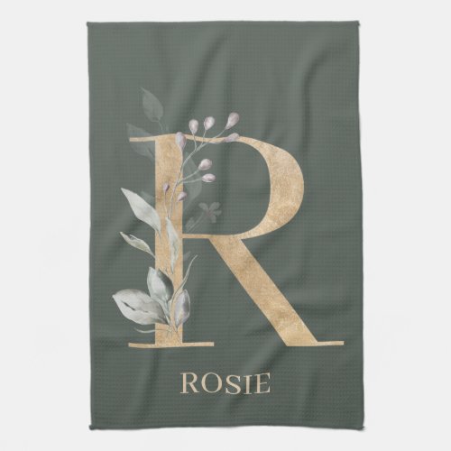 R Monogram Floral Personalized Kitchen Towel