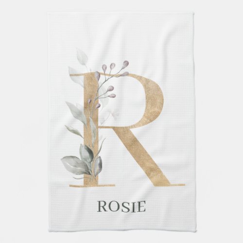 R Monogram Floral Personalized Kitchen Towel