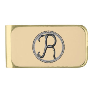 R Monogram Gold Finish Money Clip