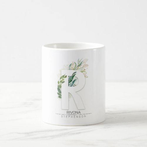 R Monogram Gold Greenery Leaves Elegant Name Coffee Mug