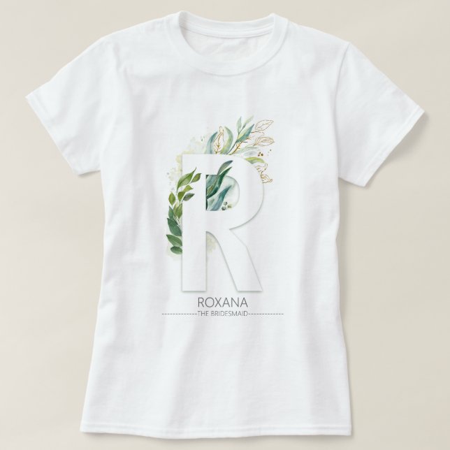 R Monogram Gold Greenery Leaves Elegant T-Shirt (Design Front)