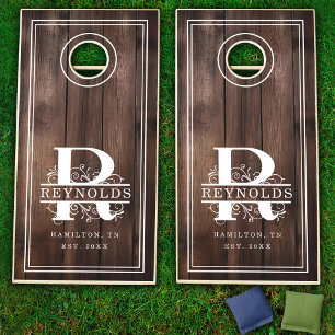 R Monogram Initial Rustic Family Name Wood Plank Cornhole Set