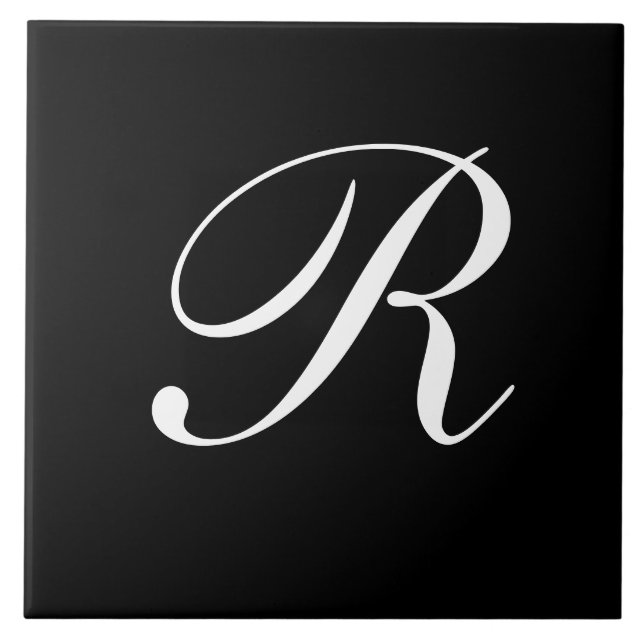 R Monogram Initial White on Black Ceramic Tile (Front)