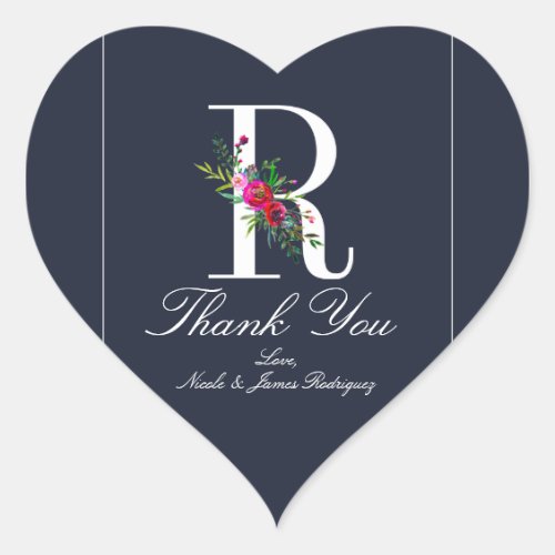 R Monogram Last Initial Modern Blue Floral Wedding Heart Sticker