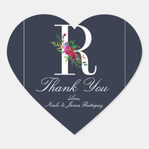R Monogram Last Initial Modern Blue Floral Wedding Heart Sticker
