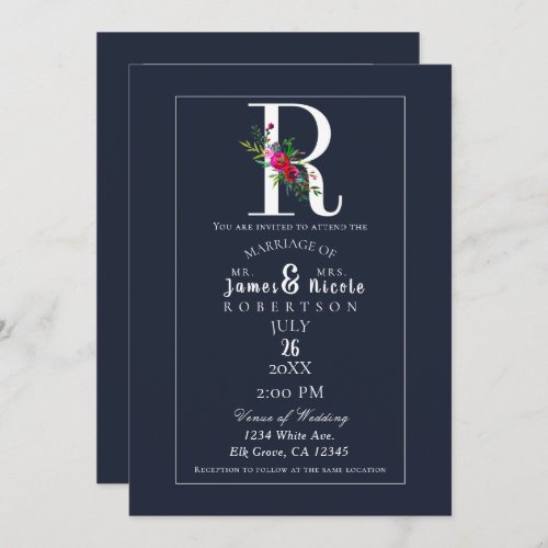 R Monogram Last Initial Modern Blue Floral Wedding Invitation