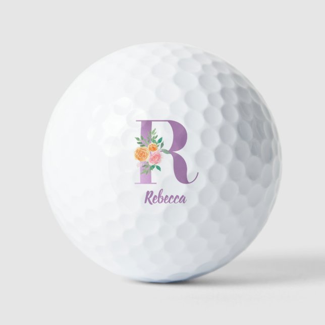 R Monogram Purple Floral Watercolor Personalized Golf Balls (Front)