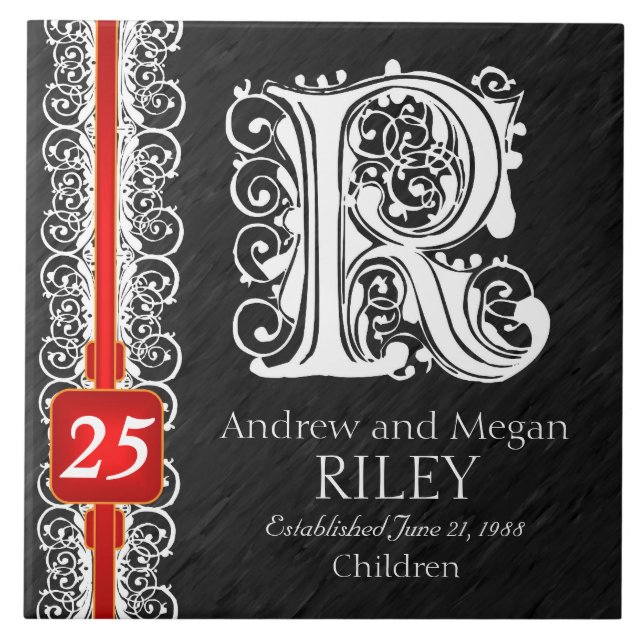 R Monogram "White Lace on Black" Anniversary Tile (Front)