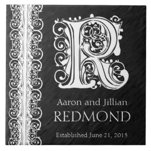 R Monogram "White Lace on Black" Wedding Tile