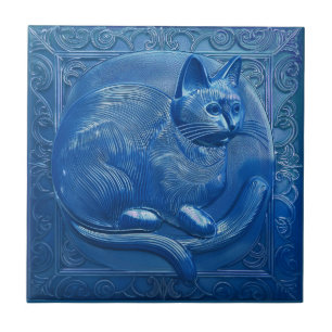 R Navy Blue faux relief Art Nouveau Cat Ceramic Tile
