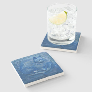 R Navy Blue faux relief Art Nouveau Cat Stone Coaster