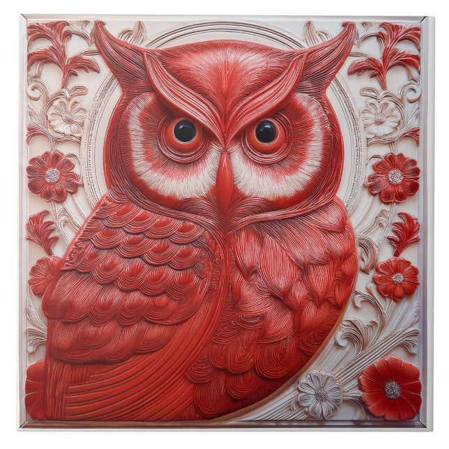 R red faux relief Art Nouveau Owl Ceramic Tile (Front)
