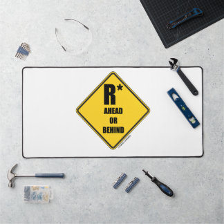 R-Star Ahead Or Behind Yellow Diamond Warning Sign Desk Mat