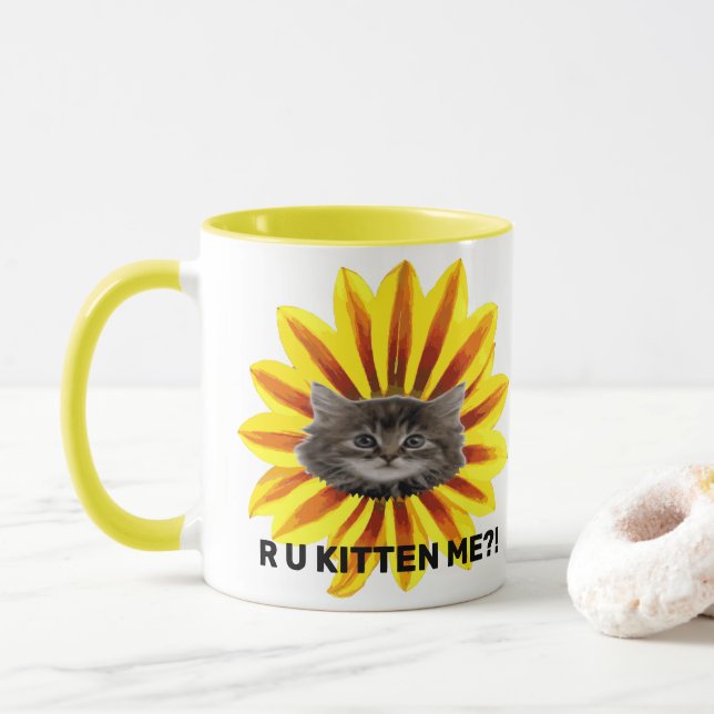 R U KITTEN ME?! Sunflower Kitten Face Humorous Mug (With Donut)