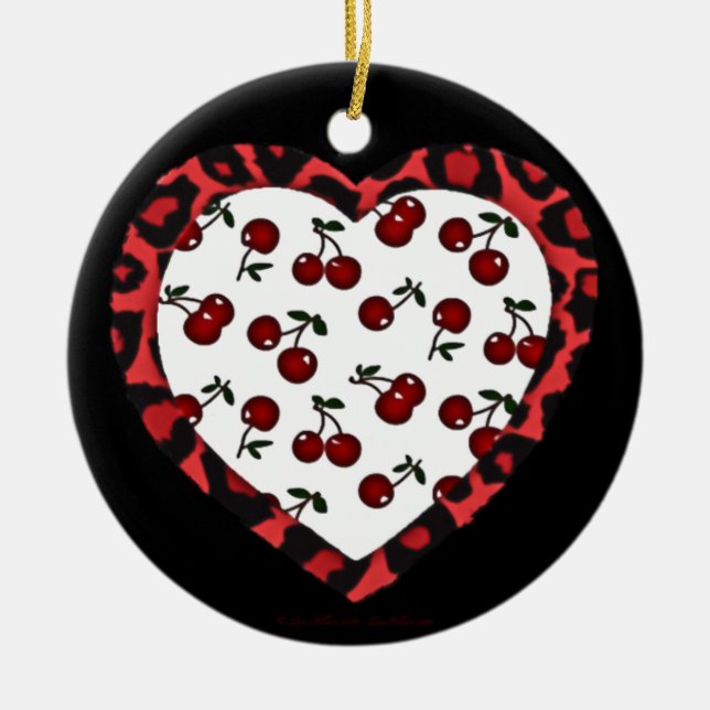 RAB cherries Leopard Print Heart Rockabilly Ceramic Ornament (Front)