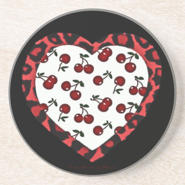 RAB cherries Leopard Print Heart Rockabilly Drink Coaster (Front)