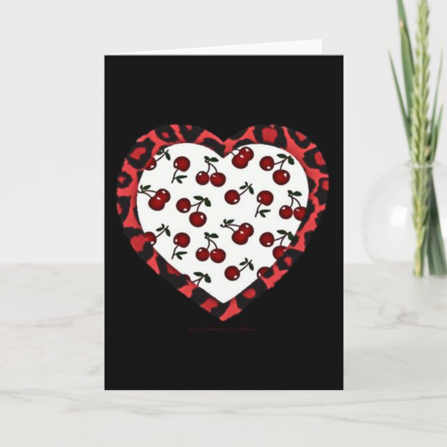 RAB cherries Leopard Print Heart Rockabilly Holiday Card (Front)