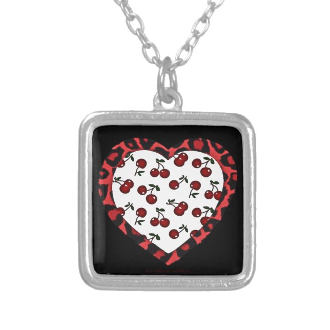 RAB cherries Leopard Print Heart Rockabilly Silver Plated Necklace (Front)