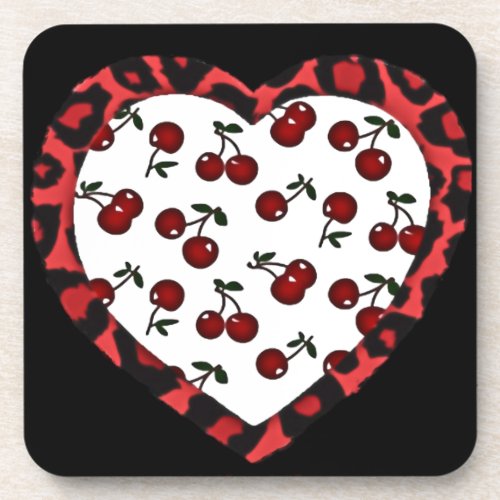 RAB Rockabilly Cherries Leopard Print Heart Beverage Coaster