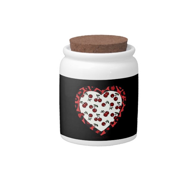 RAB Rockabilly Cherries Leopard Print Heart Candy Jar (Front)