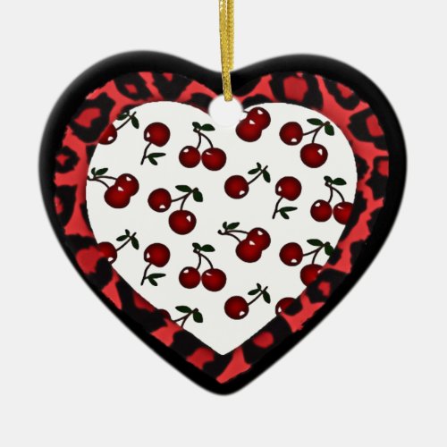 RAB Rockabilly Cherries Leopard Print Heart Ceramic Ornament