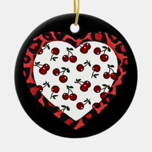 RAB Rockabilly Cherries Leopard Print Heart Ceramic Ornament