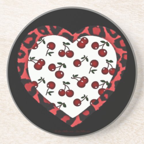 RAB Rockabilly Cherries Leopard Print Heart Drink Coaster